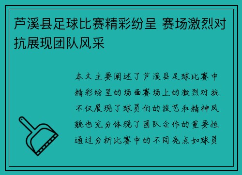 芦溪县足球比赛精彩纷呈 赛场激烈对抗展现团队风采