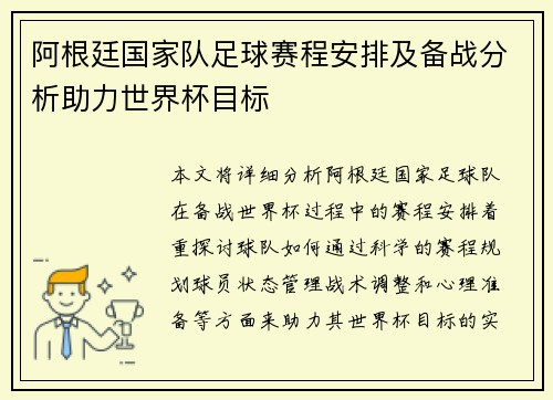 阿根廷国家队足球赛程安排及备战分析助力世界杯目标