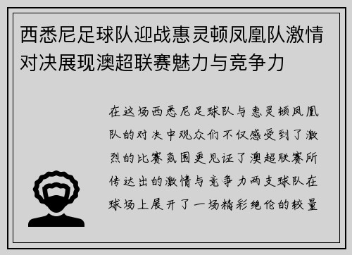 西悉尼足球队迎战惠灵顿凤凰队激情对决展现澳超联赛魅力与竞争力